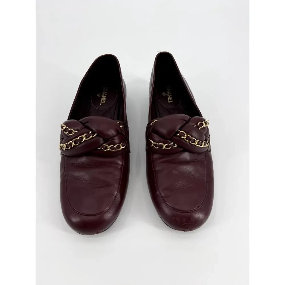 Chanel Bordeaux Burgundy Braided Lambskin CC Chain Loafers Size 39.5 EU 9